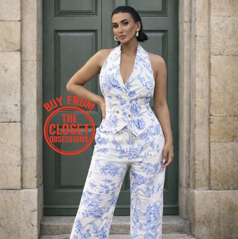 Mango NWT Blue White Linen Blend Halter Vest Wide Leg Pants Set L